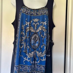 ALFANI sleeveless top, Blue Sequin Panel, Hi-Lo, Size XL